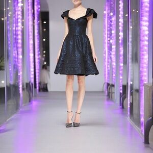 Zac Posen Metallic Blue Leopard Cap-Sleeve Jacquard Party Dress SZ 4